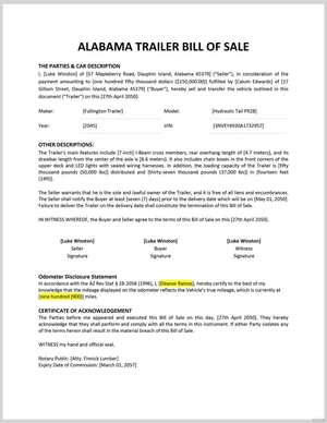 Alabama Trailer Bill of Sale Template