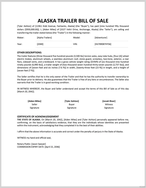 Alaska Trailer Bill of Sale Template
