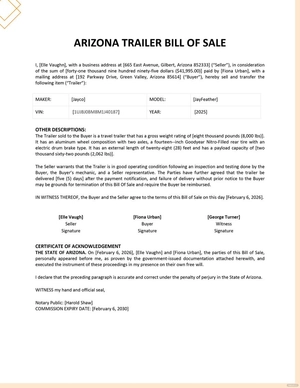 Arizona Trailer Bill of Sale Template