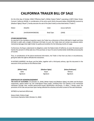 California Trailer Bill of Sale Template