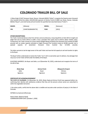 Colorado Trailer Bill of Sale Template