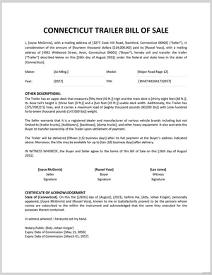 Connecticut Trailer Bill of Sale Template
