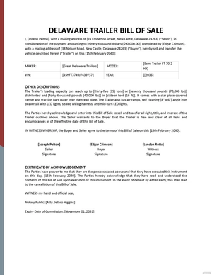 Delaware Trailer Bill of Sale Template