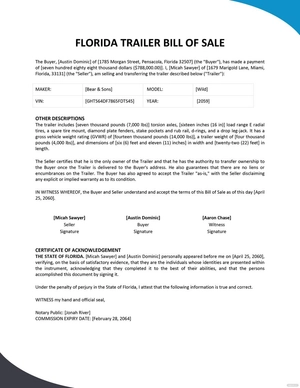 Florida Trailer Bill of Sale Template