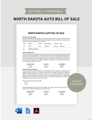 North Dakota Auto Bill of Sale Template