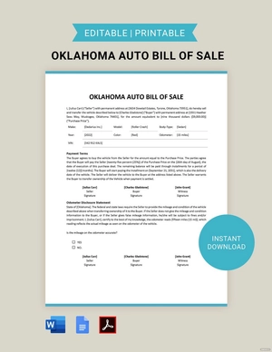 Oklahoma Auto Bill of Sale Template