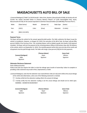 Massachusetts Auto Bill of Sale Form Template
