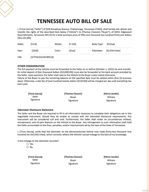 Tennessee Auto Bill of Sale Template