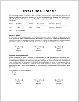 Texas Auto Bill of Sale Template