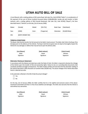 Utah Auto Bill of Sale Template