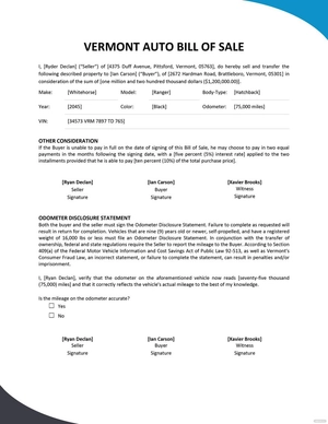 Vermont Auto Bill of Sale Template