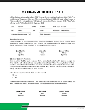 Michigan Auto Bill of Sale Template