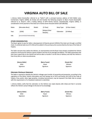 Virginia Auto Bill of Sale Template