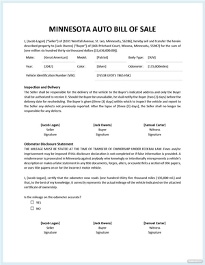 Minnesota Auto Bill of Sale Template