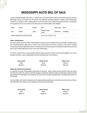 Mississippi Auto Bill of Sale Template
