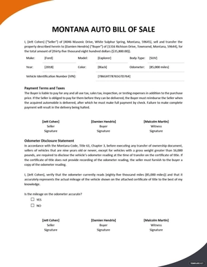 Montana Auto Bill of Sale Template