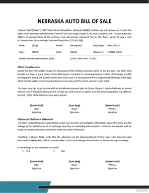 Nebraska Auto Bill of Sale Template