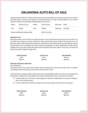 Nevada Auto Bill of Sale Template