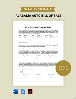Delaware Auto Bill of Sale Template