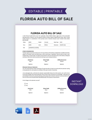 Florida Auto Bill of Sale Template
