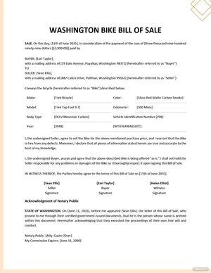 Washington Bike/ Bicycle Bill of Sale Template