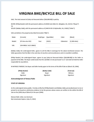 Virginia Bike/ Bicycle Bill of Sale Template