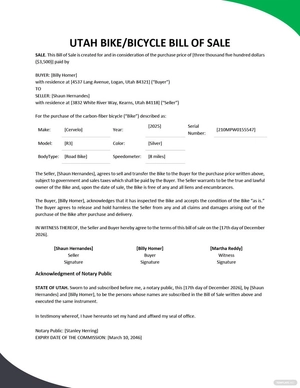 Utah Bike/ Bicycle Bill of Sale Template