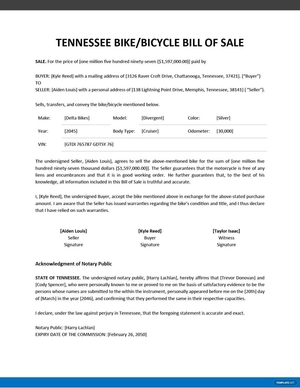 Tennessee Bike/ Bicycle Bill of Sale Template