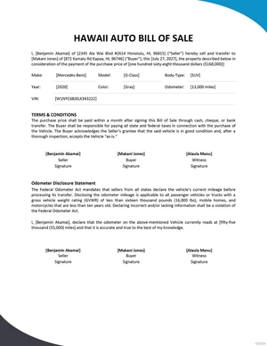 Hawaii Auto Bill of Sale Template
