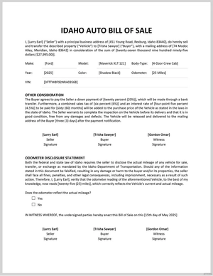Idaho Auto Bill of Sale Template