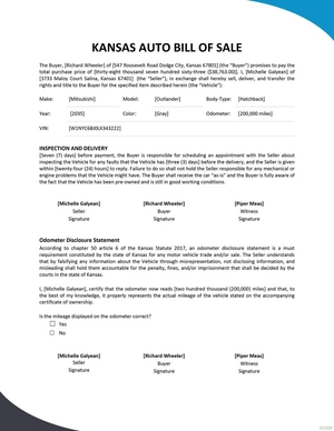 Kansas Auto Bill of Sale Template