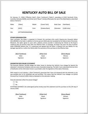 Kentucky Auto Bill of Sale Template