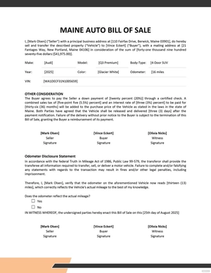 Maine Auto Bill of Sale Template
