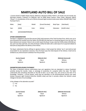 Maryland Auto Bill of Sale Template