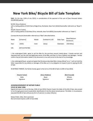 New York Bike/ Bicycle Bill of Sale Template