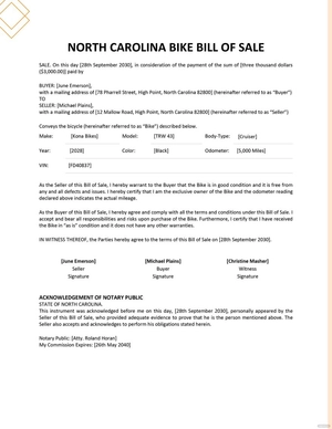 North Carolina Bike/ Bicycle Bill of Sale Template