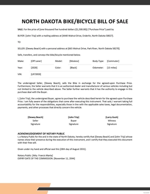 North Dakota Bike/ Bicycle Bill of Sale Template