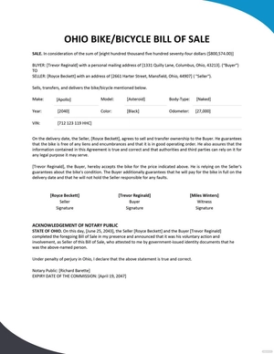 Ohio Bike/ Bicycle Bill of Sale Template