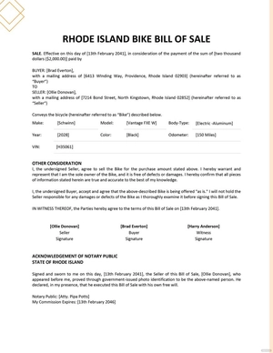 Rhode Island Bike/ Bicycle Bill of Sale Template