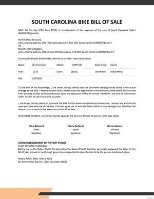 South Carolina Bike/ Bicycle Bill of Sale Template