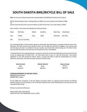 South Dakota Bike/ Bicycle Bill of Sale Template