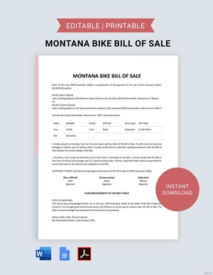 Montana Bike/ Bicycle Bill of Sale Template