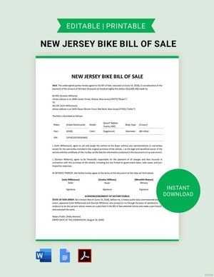 New Jersey Bike/ Bicycle Bill of Sale Template