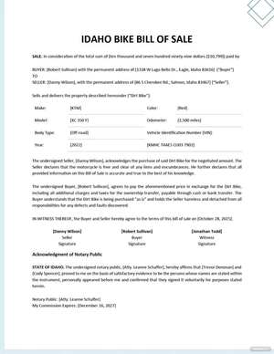 Idaho Bike/ Bicycle Bill of Sale Template