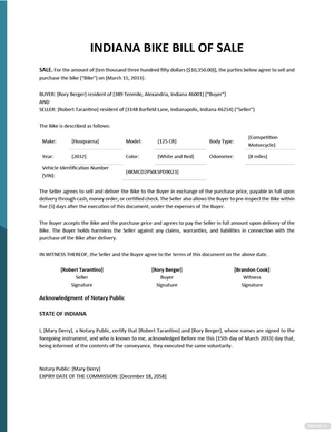 Indiana Bike/ Bicycle Bill of Sale Template