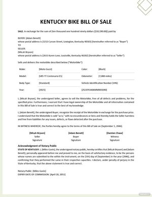 Kentucky Bike/ Bicycle Bill of Sale Template