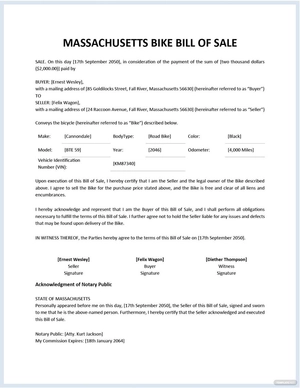 Massachusetts Bike/ Bicycle Bill of Sale Template