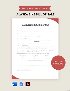 Alaska Bike/ Bicycle Bill of Sale Template