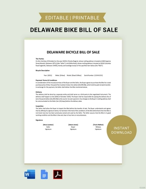 Delaware Bike/ Bicycle Bill of Sale Template