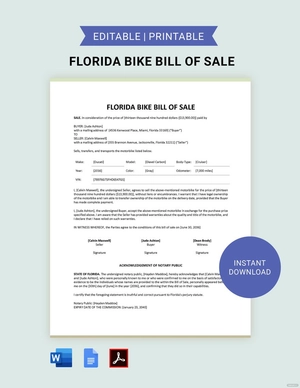 Florida Bike/ Bicycle Bill of Sale Template